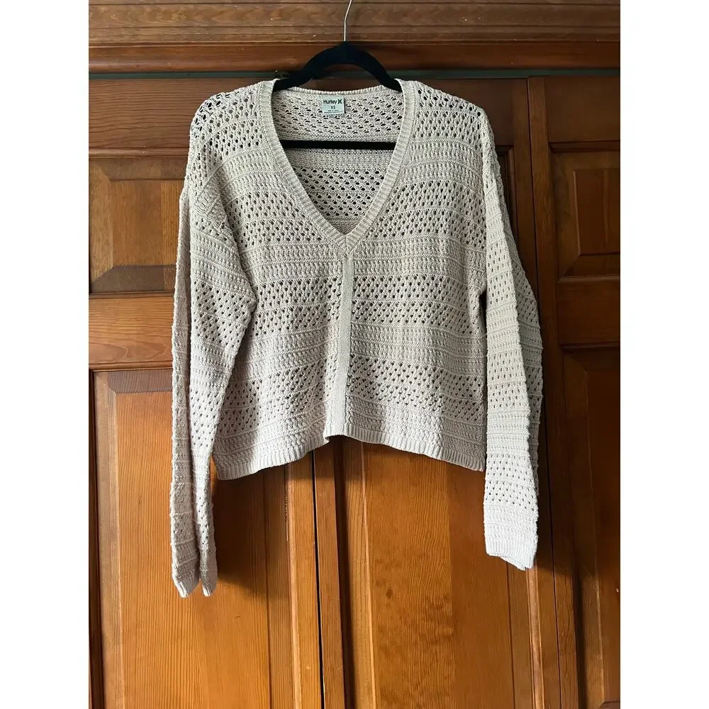 Hurley Women's Easy Times Crochet Cropped Pullover Sweater Moonlight Tan Size XS